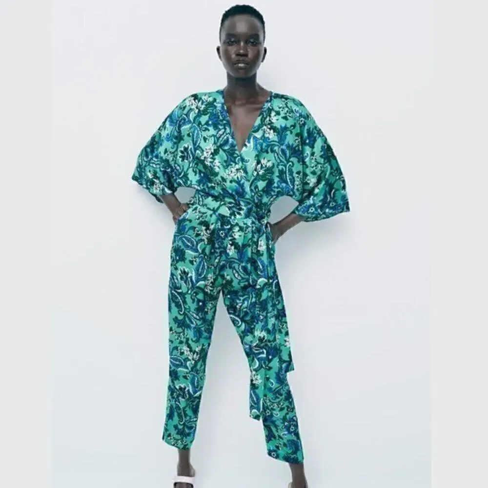 Zara NWT Blue Paisley Belted Wide Leg Jumpsuit S